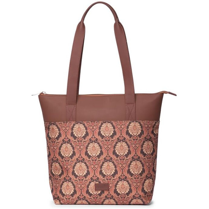 ZOUK Jodhpur Damask Motif Printed Women's Jute Handcrafted Vegan Leather Black Everyday Tote