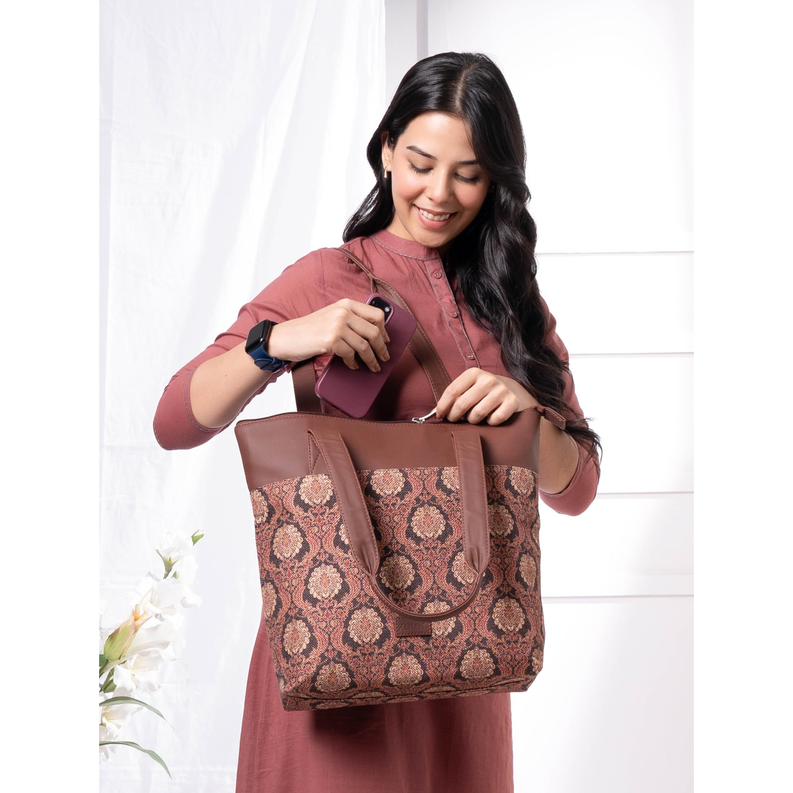 ZOUK Jodhpur Damask Motif Printed Women's Jute Handcrafted Vegan Leather Black Everyday Tote