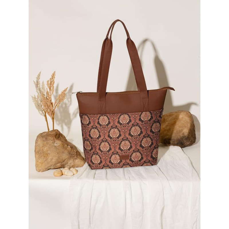 ZOUK Jodhpur Damask Motif Printed Women's Jute Handcrafted Vegan Leather Black Everyday Tote