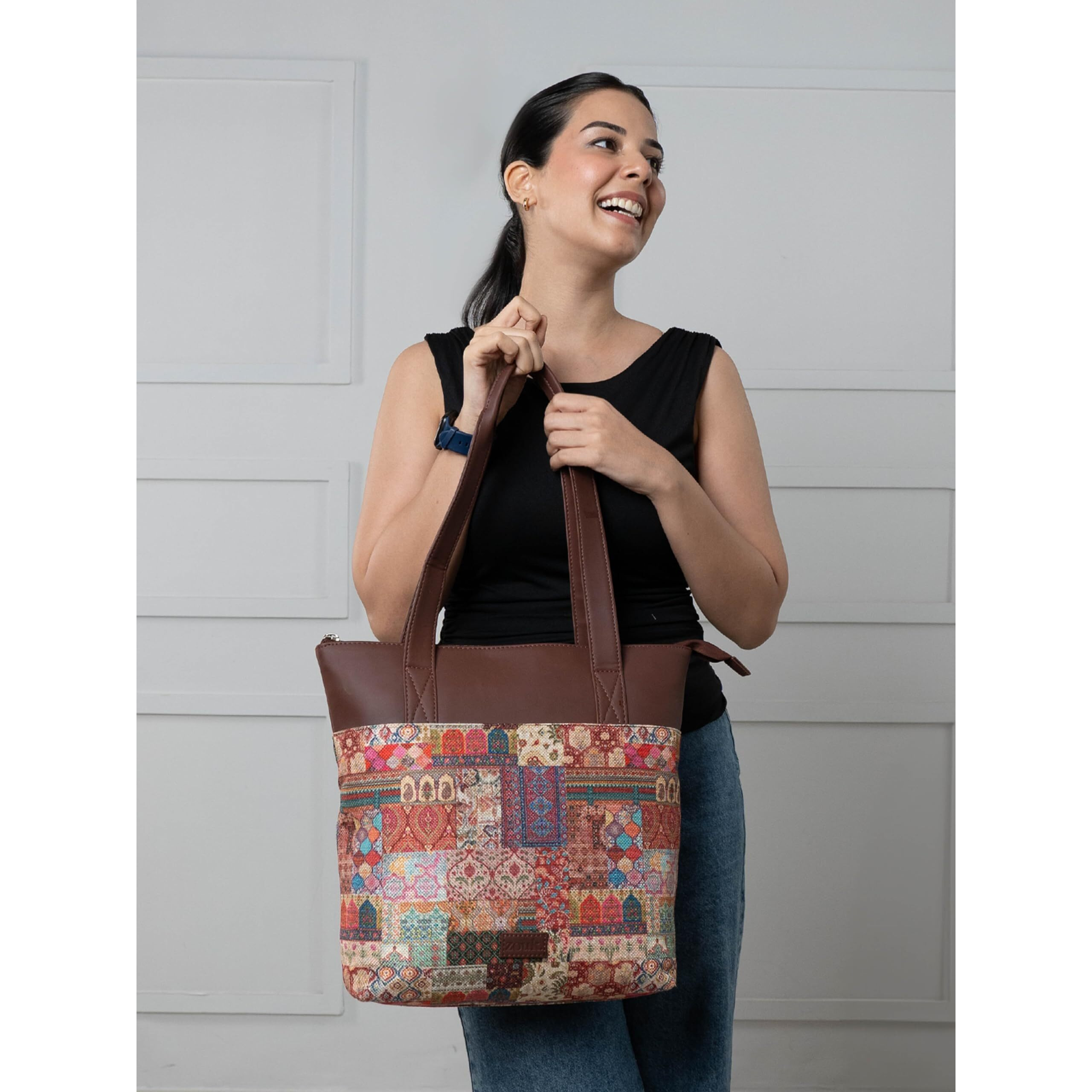 ZOUK Kutch Gamthi Abstract Printed Women's Jute Handcrafted Vegan Leather Multicolor Everyday Tote