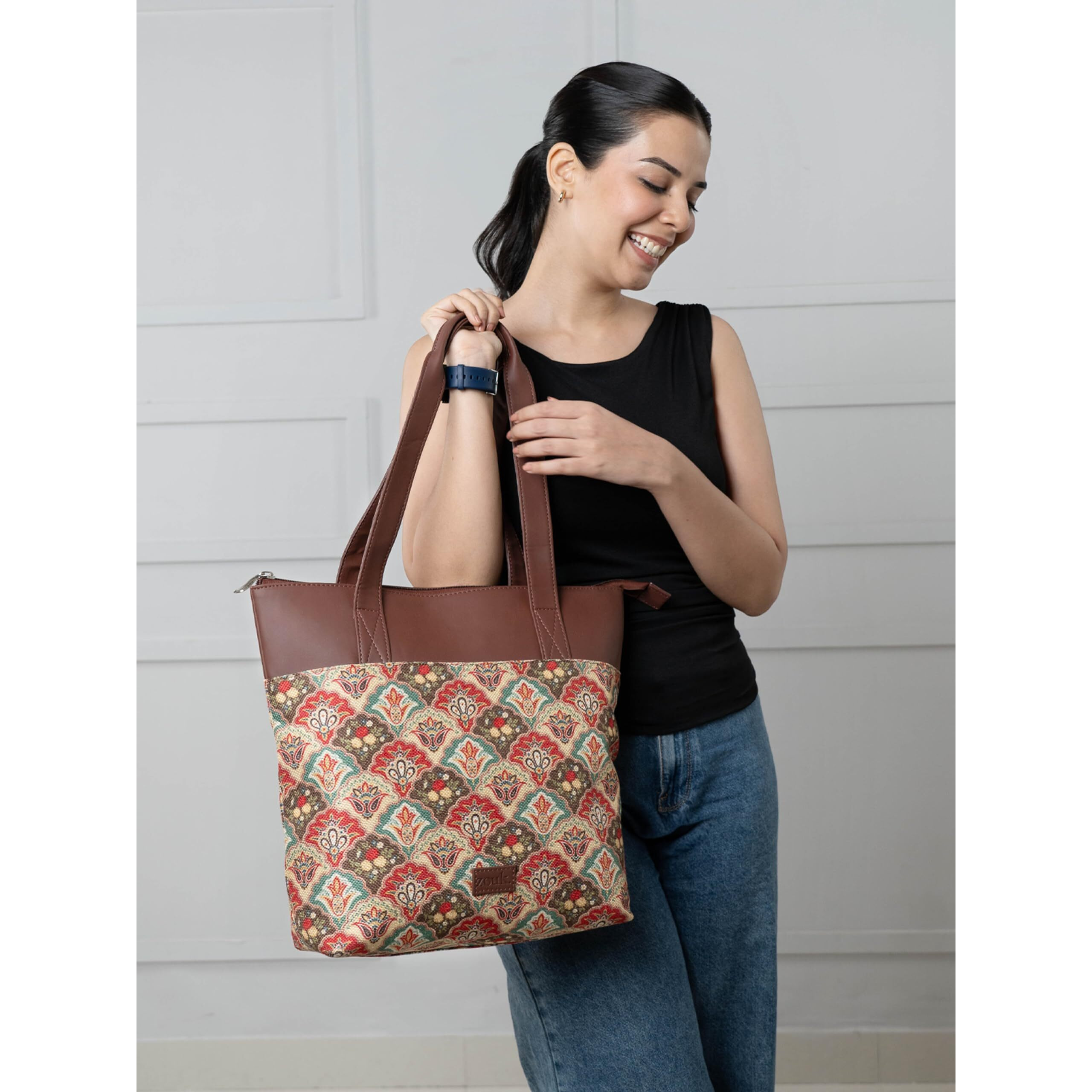 ZOUK Mughal Art Multicolor Floral Printed Women's Jute Handcrafted Vegan Leather Green Everyday Tote