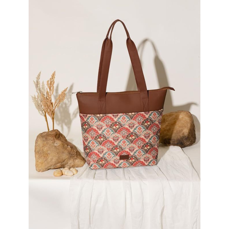 ZOUK Mughal Art Multicolor Floral Printed Women's Jute Handcrafted Vegan Leather Green Everyday Tote