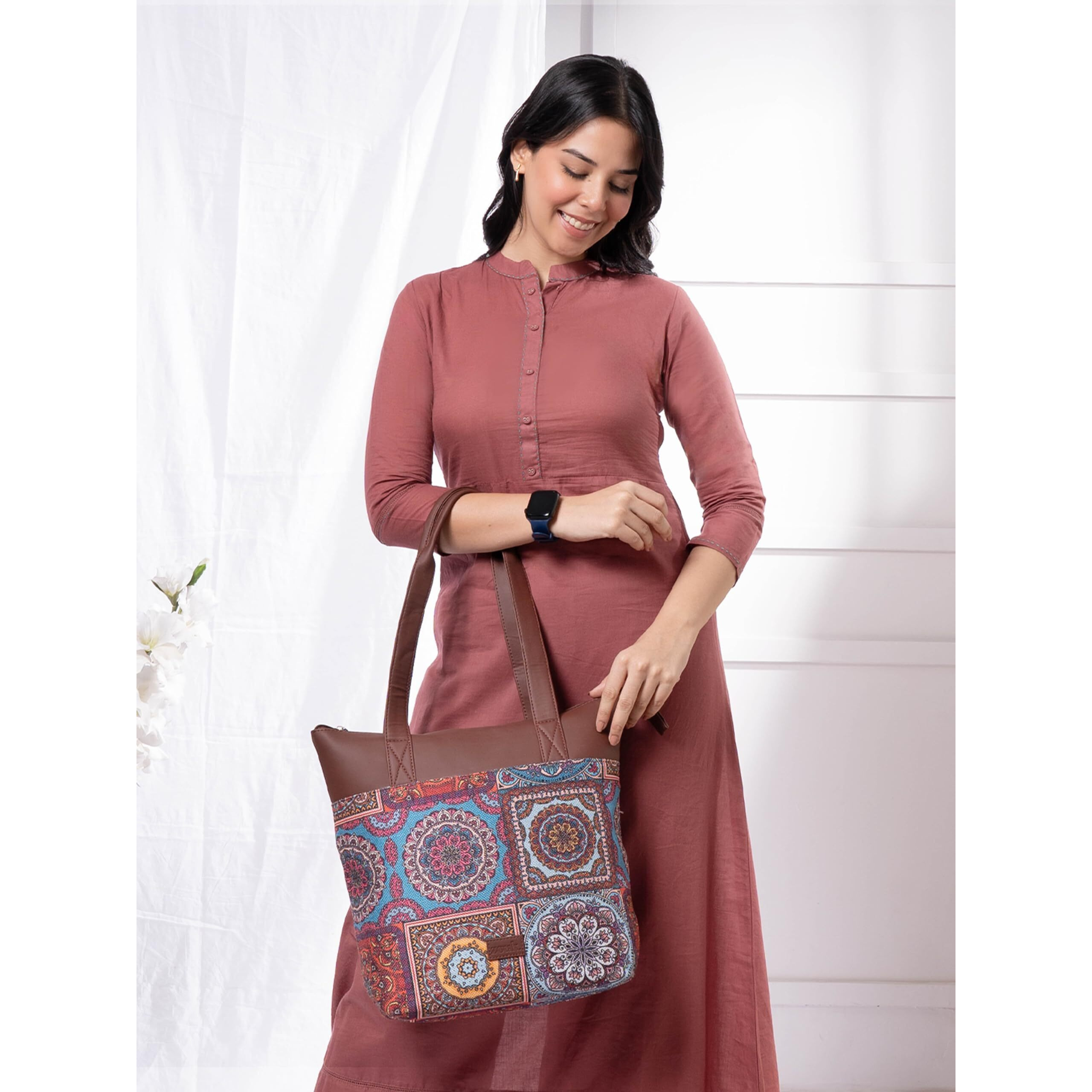 ZOUK Multicolor Mandala Floral Printed Women's Jute Handcrafted Vegan Leather Multicolor Everyday Tote