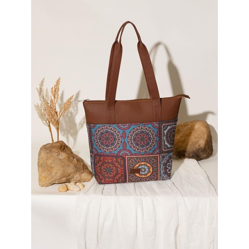 ZOUK Multicolor Mandala Floral Printed Women's Jute Handcrafted Vegan Leather Multicolor Everyday Tote