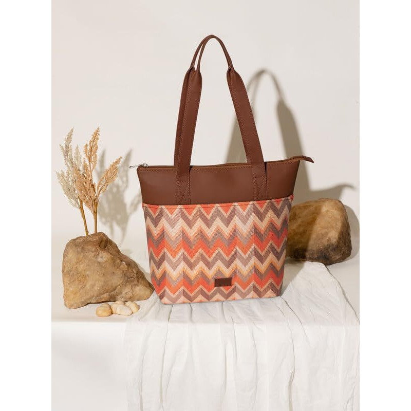 ZOUK Tidal Wave Motif Printed Women's Jute Handcrafted Vegan Leather Pink Everyday Tote