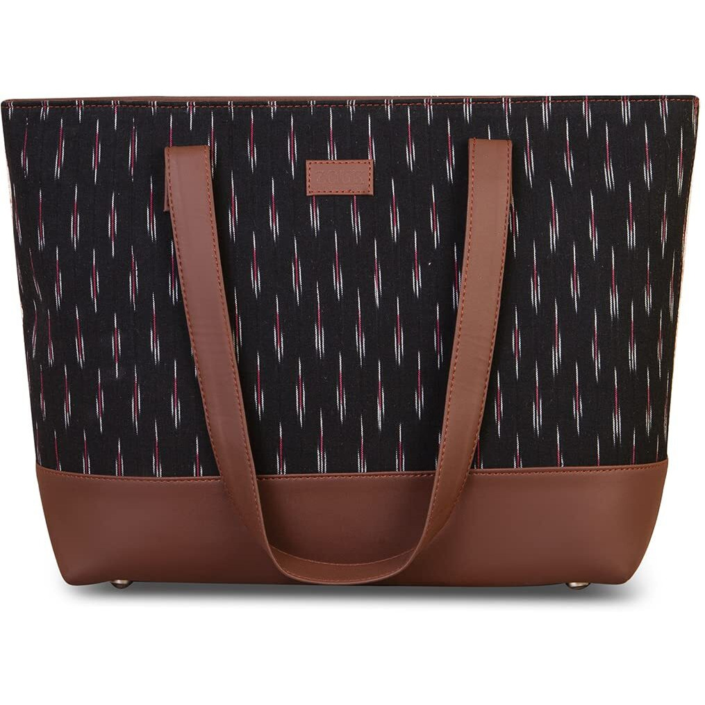 ZOUK Women's Handcrafted Ikat Black and Red Shoulder Tote Bag and Handbag for Office and College