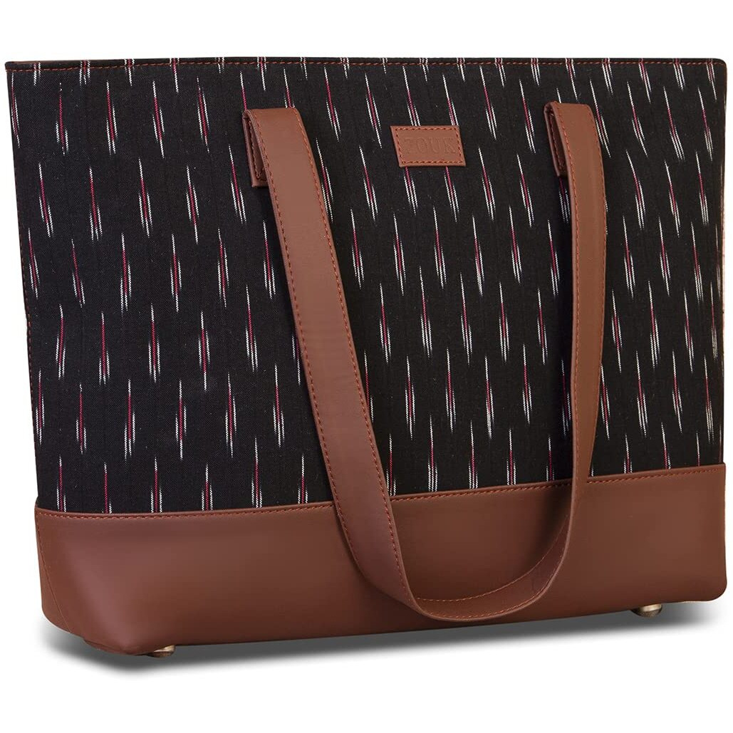 ZOUK Women's Handcrafted Ikat Black and Red Shoulder Tote Bag and Handbag for Office and College