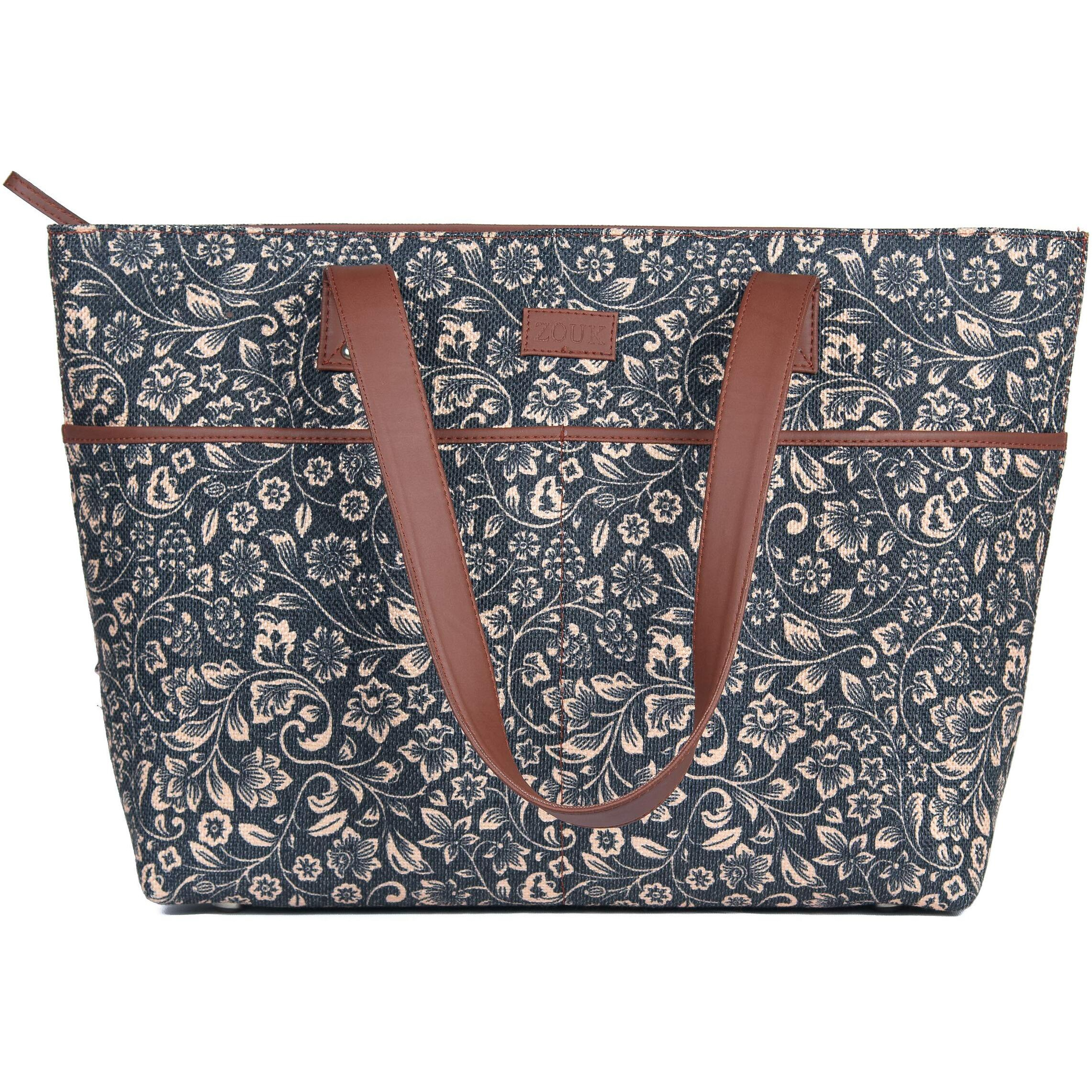 ZOUK Women's Handmade Vegan Leather Printed Tote Handbags with Double Handle (Black)