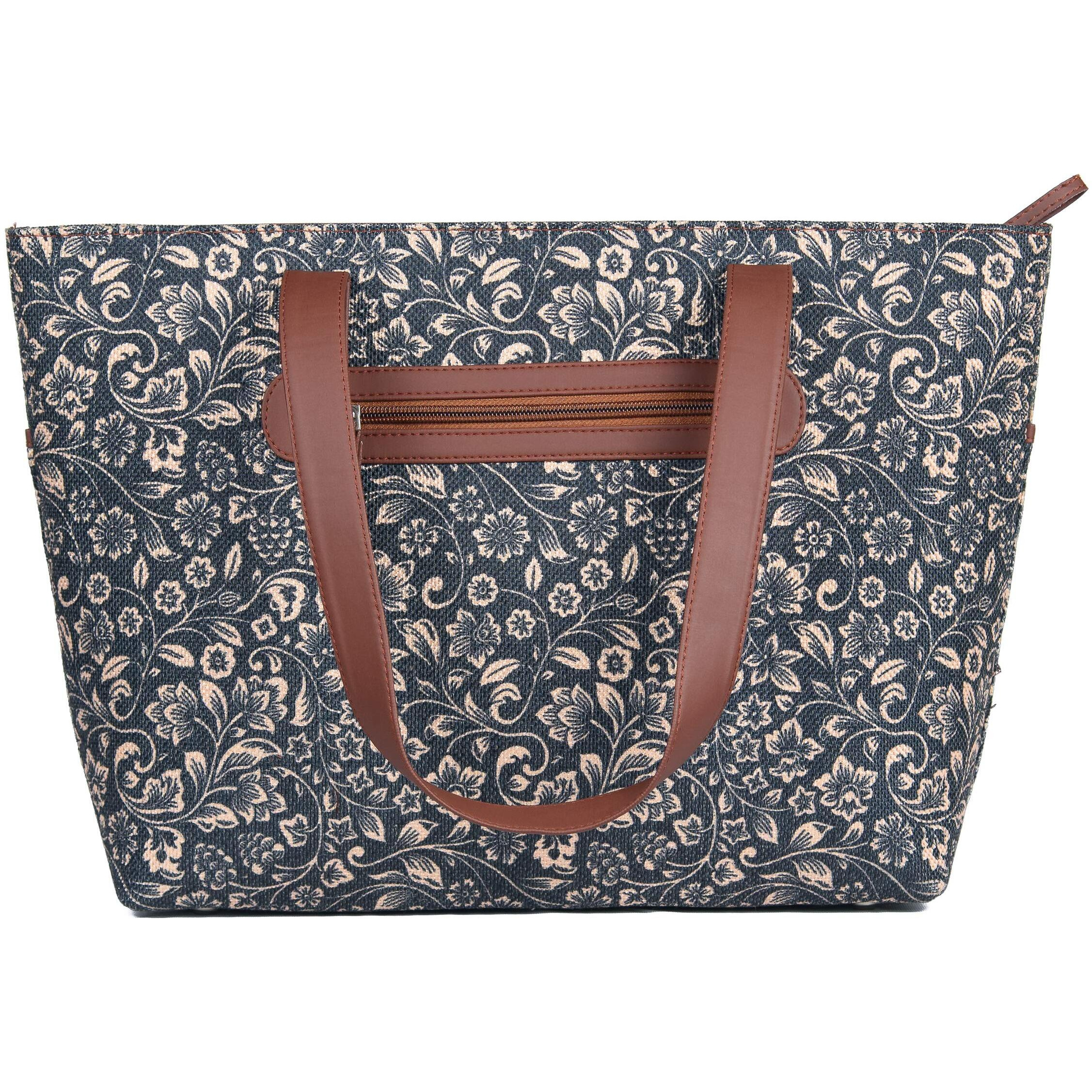 ZOUK Women's Handmade Vegan Leather Printed Tote Handbags with Double Handle (Black)