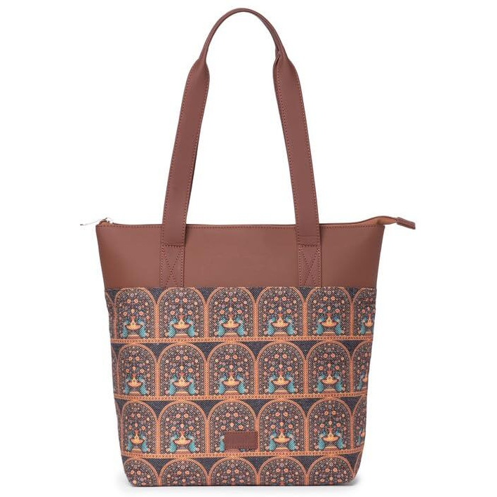 ZOUK Royal Indian Peacock Motif Printed Women's Jute Handcrafted Vegan Leather Grey Everyday Tote