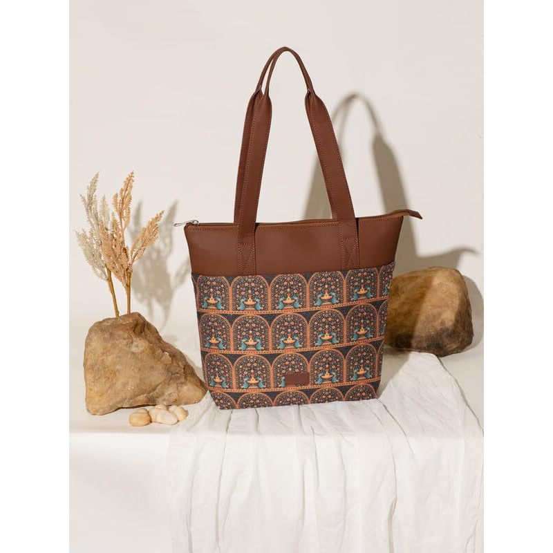 ZOUK Royal Indian Peacock Motif Printed Women's Jute Handcrafted Vegan Leather Grey Everyday Tote