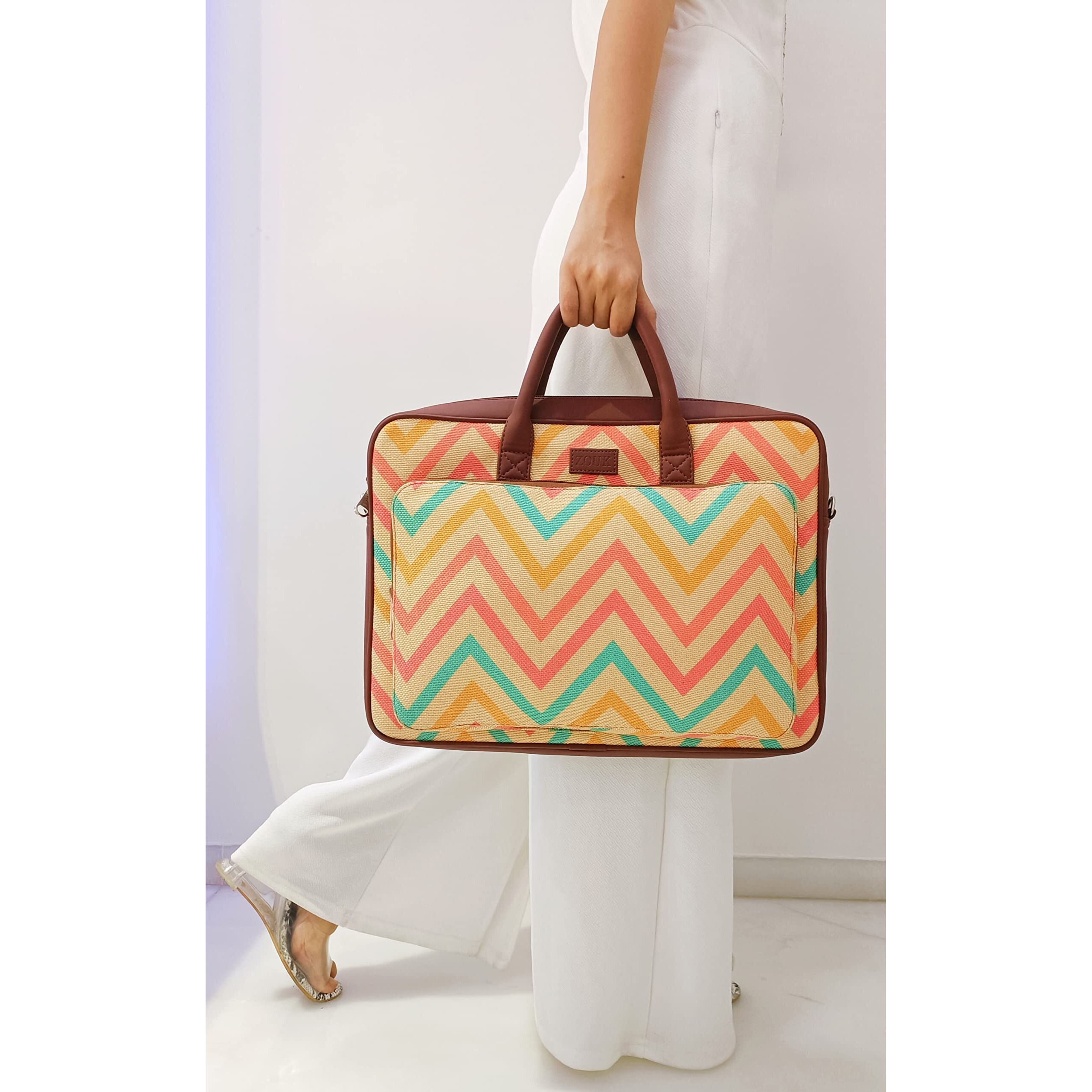 ZOUK Laptop Bag for Women - Handmade Bag for 15.6 inch Laptop, MacBook - Vegan Leather Office Bags with Detachable Shoulder Strap - Perfect Handbag for Ladies - WavBeach Print
