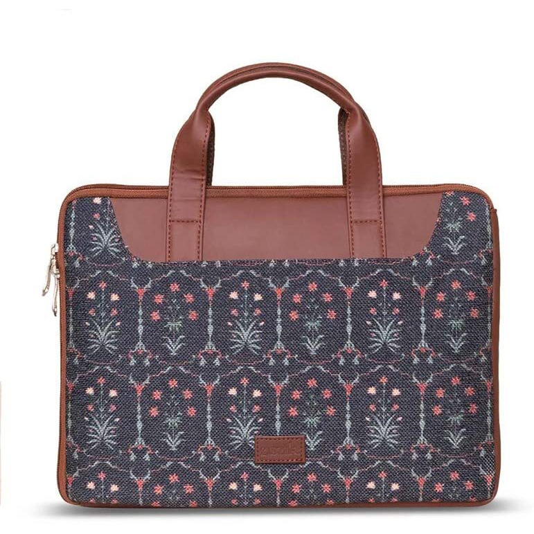ZOUK FloMotif Floral Printed Women's Jute Handcrafted Vegan Leather Black L Zipper Laptop Sleeve 15.6 inch