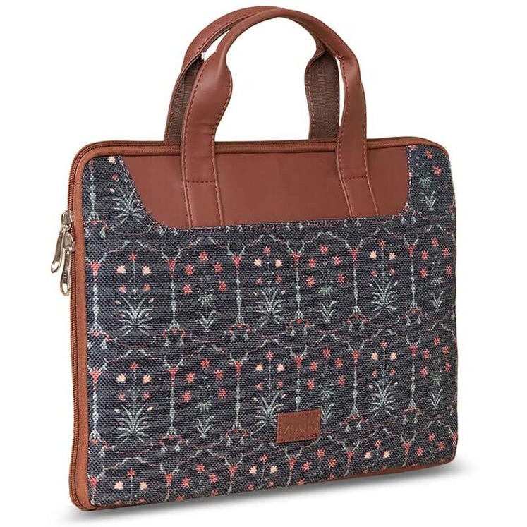 ZOUK FloMotif Floral Printed Women's Jute Handcrafted Vegan Leather Black L Zipper Laptop Sleeve 15.6 inch