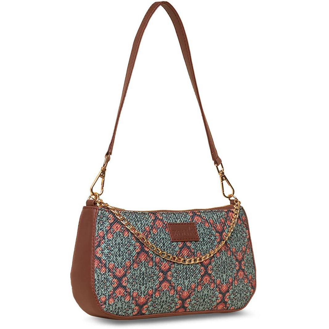 ZOUK Motif Printed Women's Handcrafted Vegan Leather Casual Mini Shoulder Bag Green
