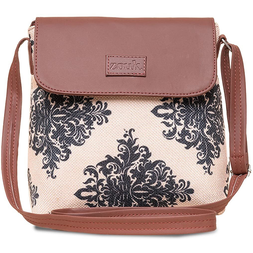 ZOUK Mughal Motif Printed Women's Hand Crafted Vegan Leather Cream Flap Sling Bag