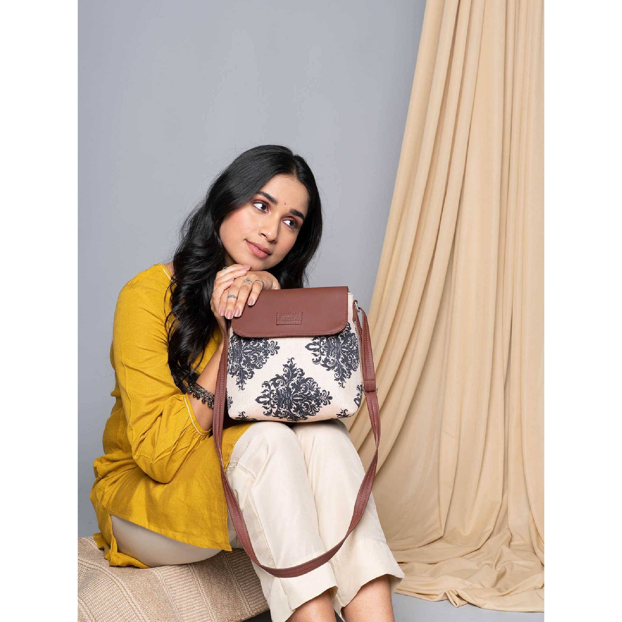 ZOUK Mughal Motif Printed Women's Hand Crafted Vegan Leather Cream Flap Sling Bag
