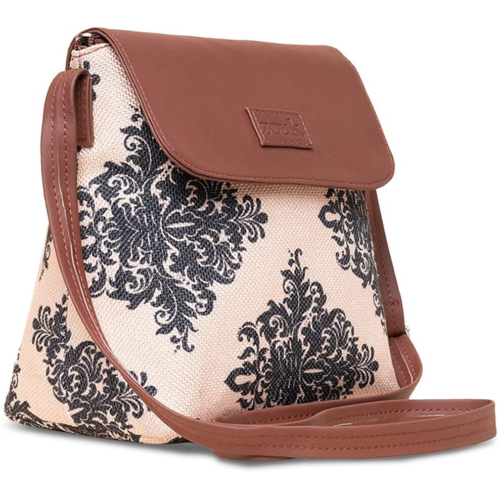 ZOUK Mughal Motif Printed Women's Hand Crafted Vegan Leather Cream Flap Sling Bag