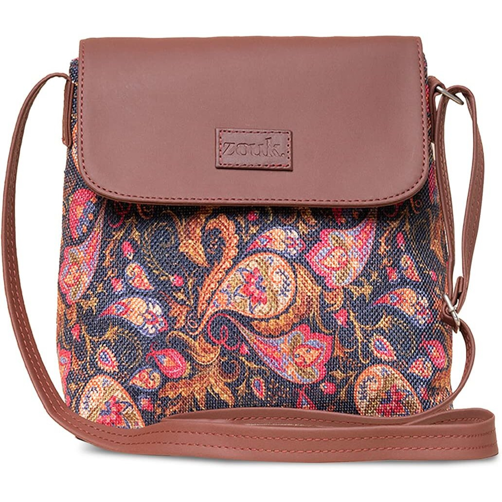 ZOUK Paisley Printed Women's Hand Crafted Vegan Leather Pink Flap Sling Bag