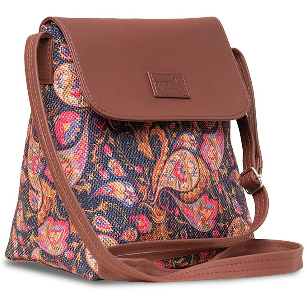ZOUK Paisley Printed Women's Hand Crafted Vegan Leather Pink Flap Sling Bag