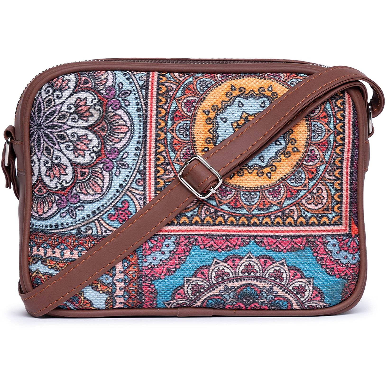 ZOUK Handmade Vegan Leather Multicolor Mandala Print Women's Sling Bags With Adjustable Shoulder Strap