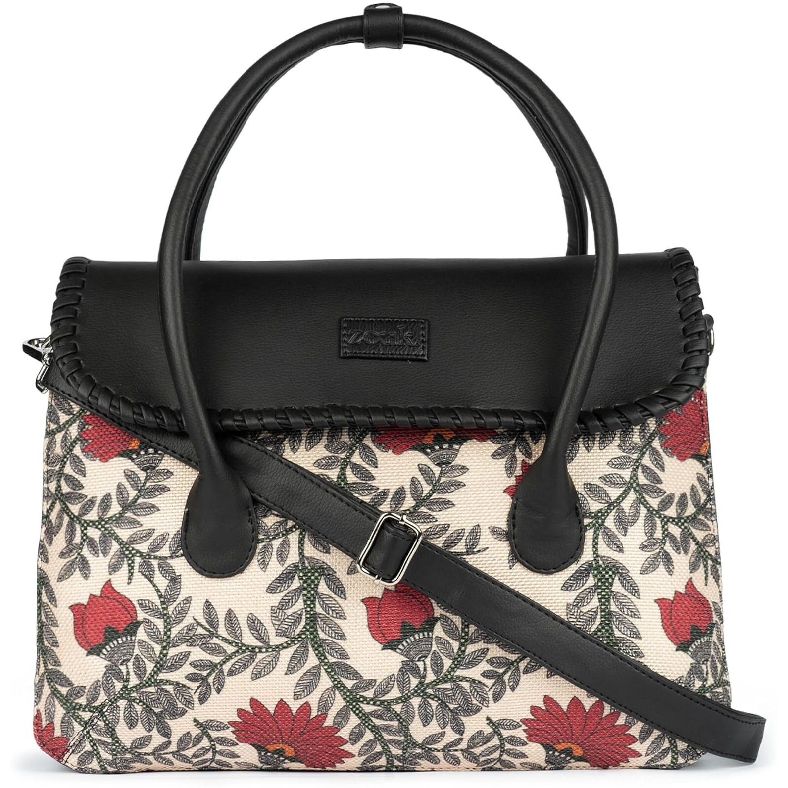 ZOUK Nawabi Cauture Floral Printed Jute Handcrafted Vegan Leather Red and Beige Women's Satchel Bag | Ladies Purse Handbag | Double Handle Detachable Strap