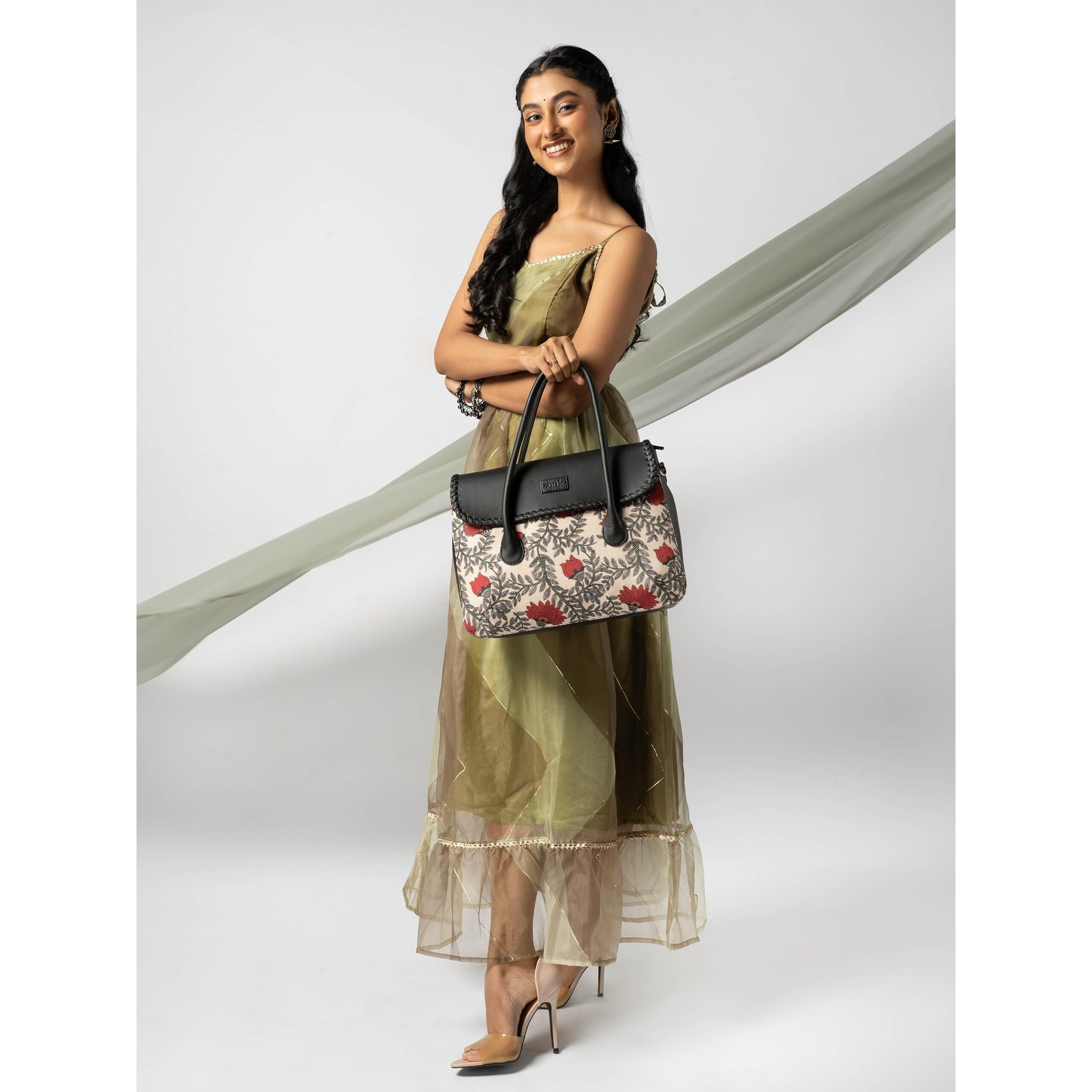 ZOUK Nawabi Cauture Floral Printed Jute Handcrafted Vegan Leather Red and Beige Women's Satchel Bag | Ladies Purse Handbag | Double Handle Detachable Strap