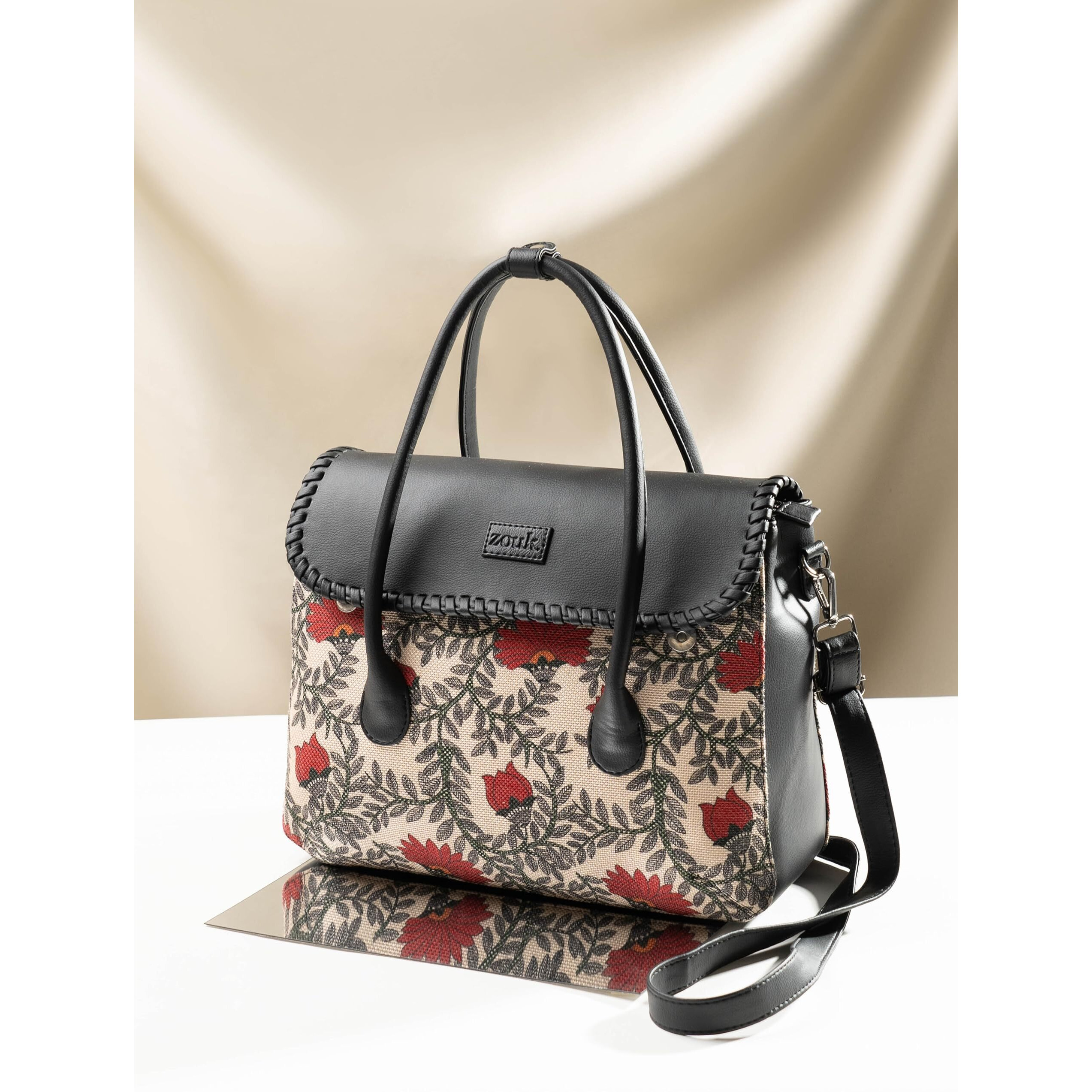 ZOUK Nawabi Cauture Floral Printed Jute Handcrafted Vegan Leather Red and Beige Women's Satchel Bag | Ladies Purse Handbag | Double Handle Detachable Strap