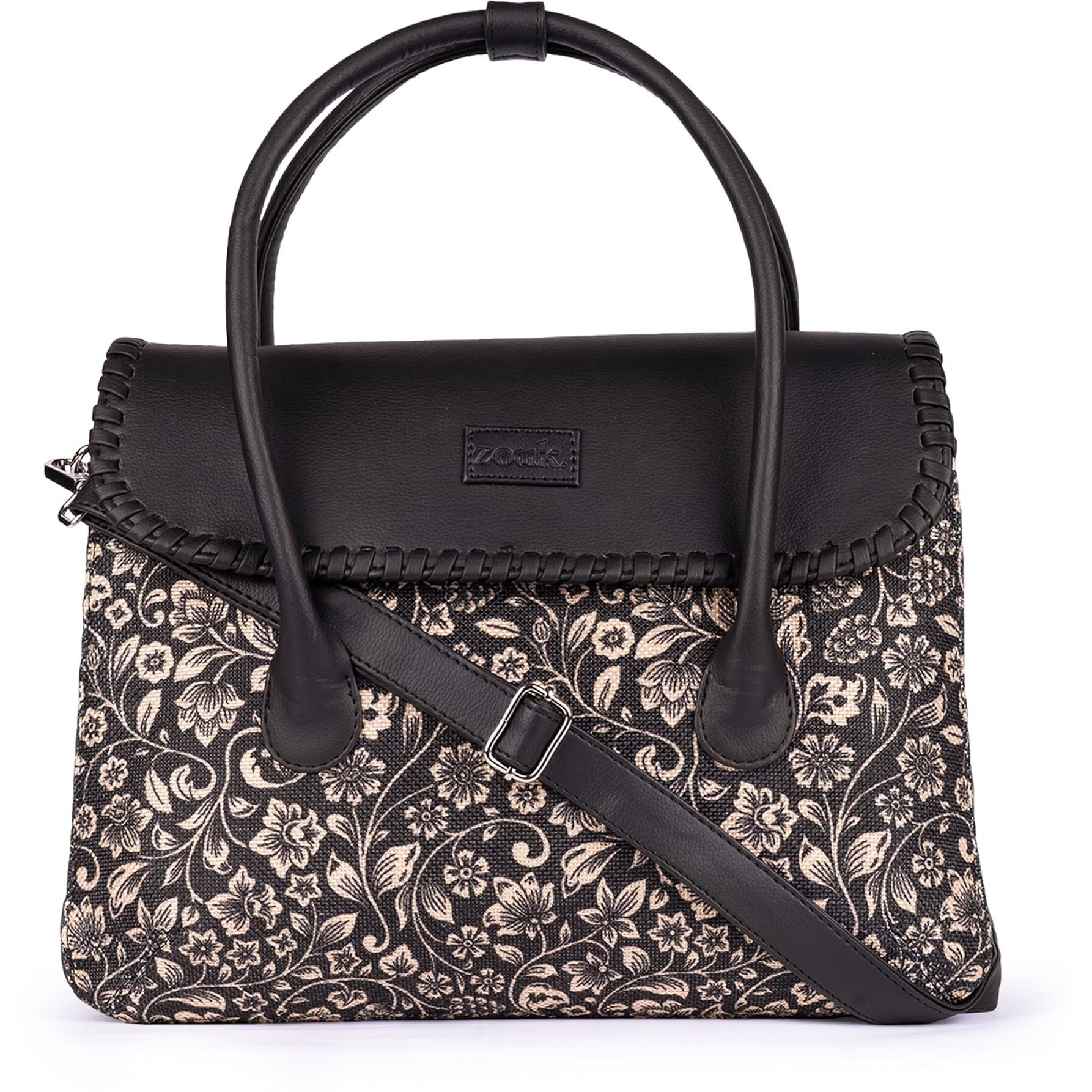 ZOUK Flomotif Floral Printed Jute Handcrafted Vegan Leather Black Women's Satchel Bag | Ladies Purse Handbag | Double Handle Detachable Strap