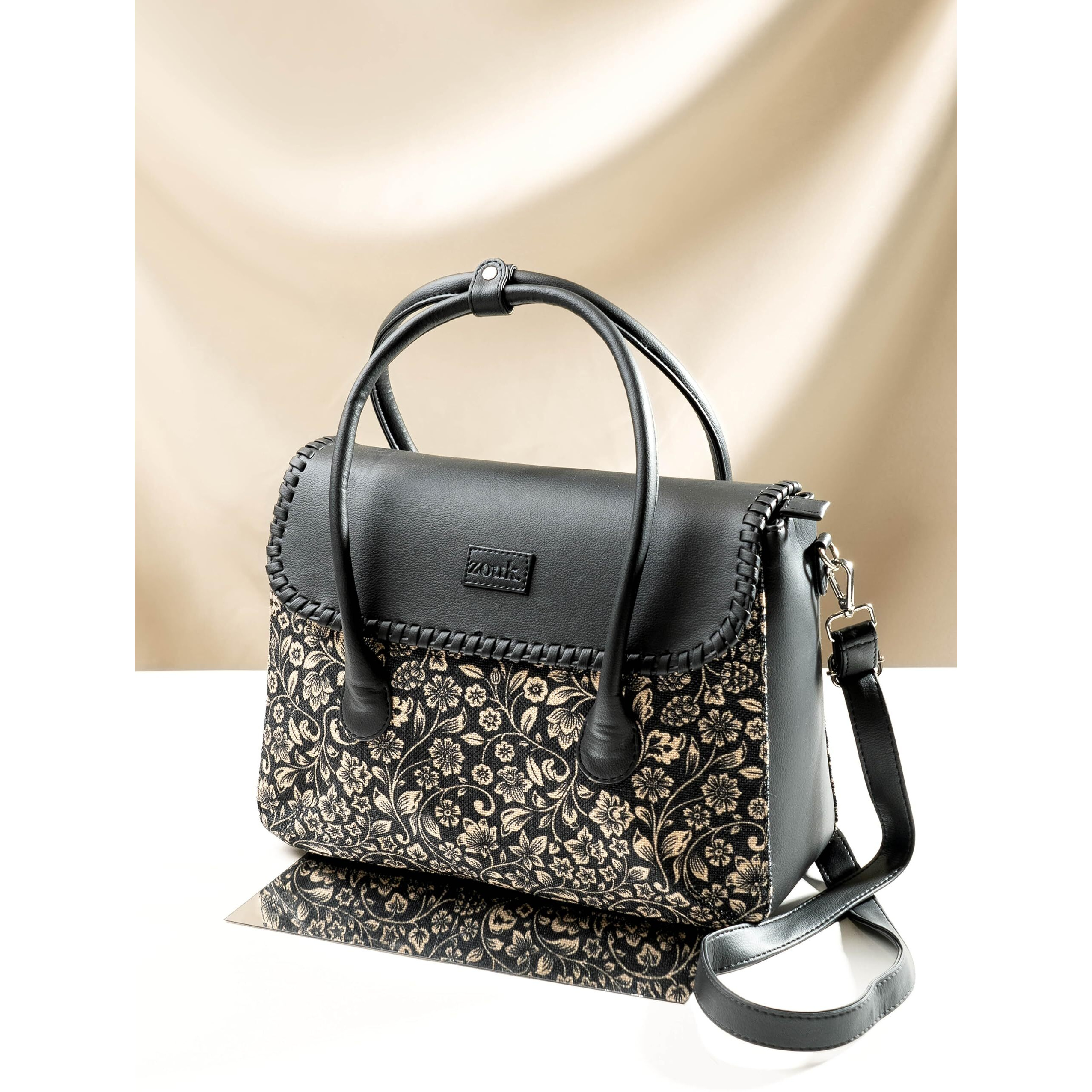 ZOUK Flomotif Floral Printed Jute Handcrafted Vegan Leather Black Women's Satchel Bag | Ladies Purse Handbag | Double Handle Detachable Strap
