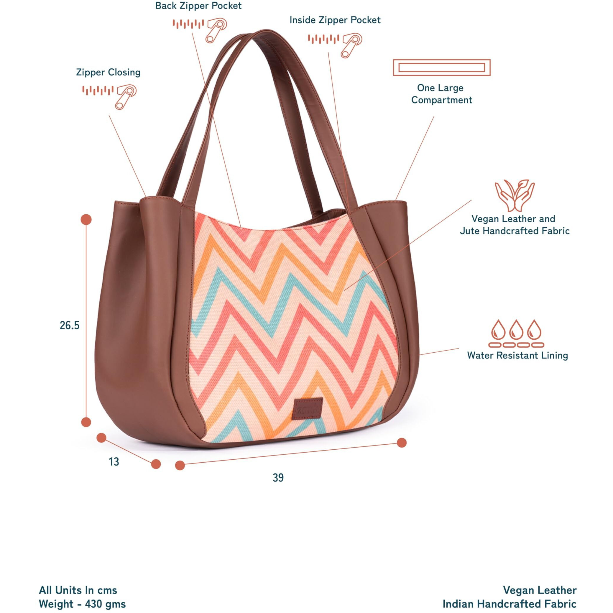 ZOUK WavBeach Wave Printed Jute Handcrafted Vegan Leather Multicolor Women's Shoulder Luna Handbags | Ladies Purse Handbag