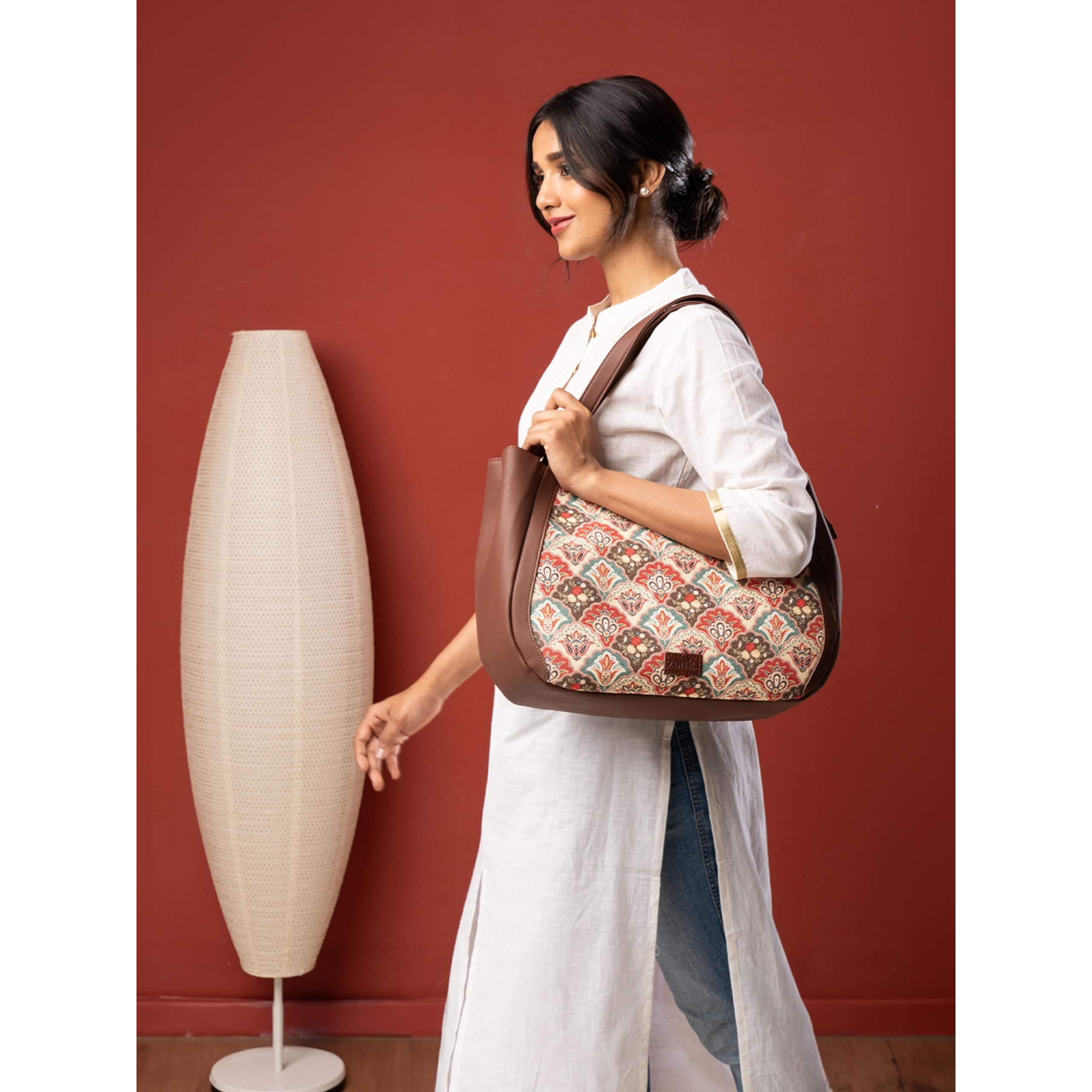 ZOUK Mughal Art Multicolor Motif Printed Jute Handcrafted Vegan Leather Multicolor Women's Shoulder Luna Handbags | Ladies Purse Handbag