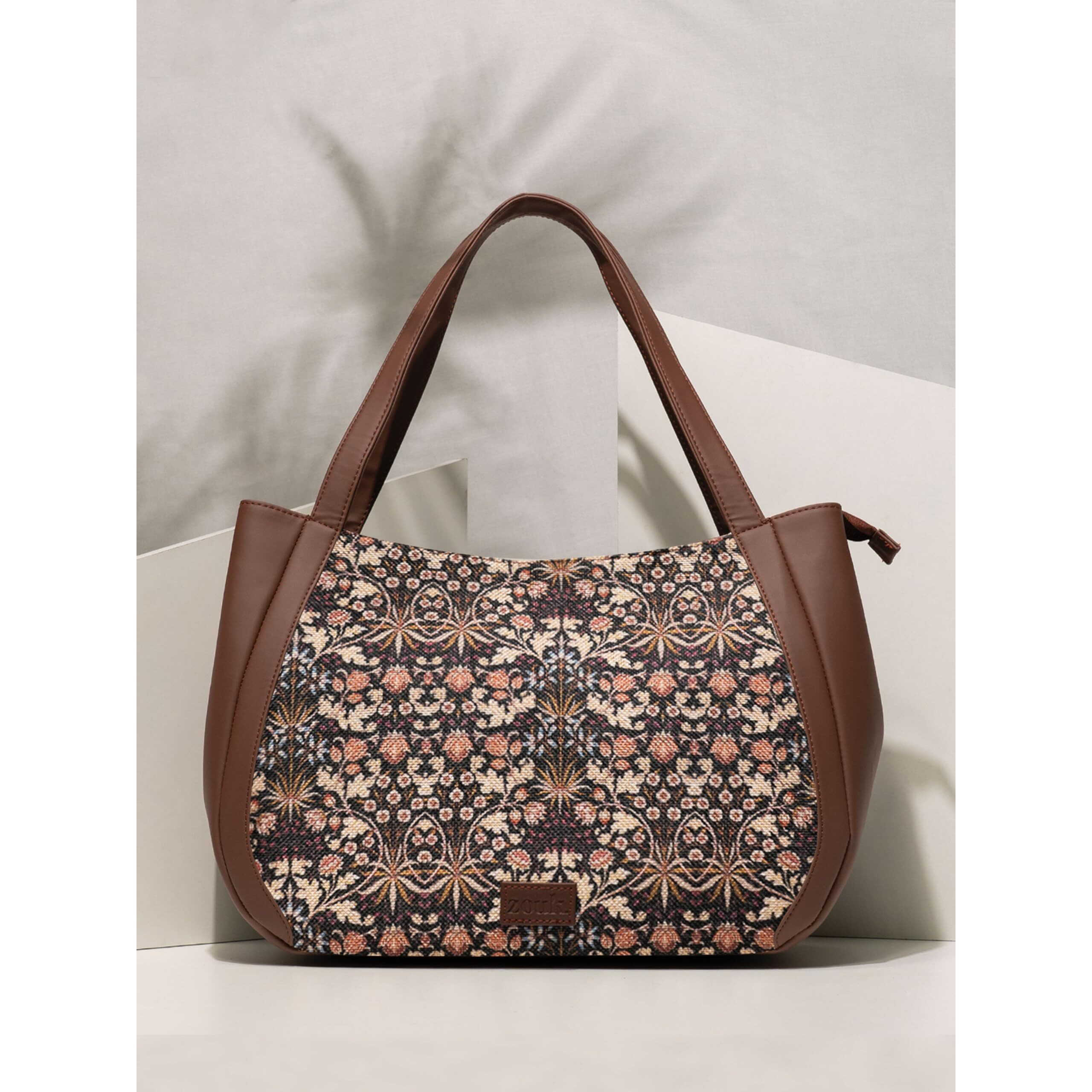 ZOUK Kashmir Blooms Floral Printed Jute Handcrafted Vegan Leather Multicolor Women's Shoulder Luna Handbags | Ladies Purse Handbag