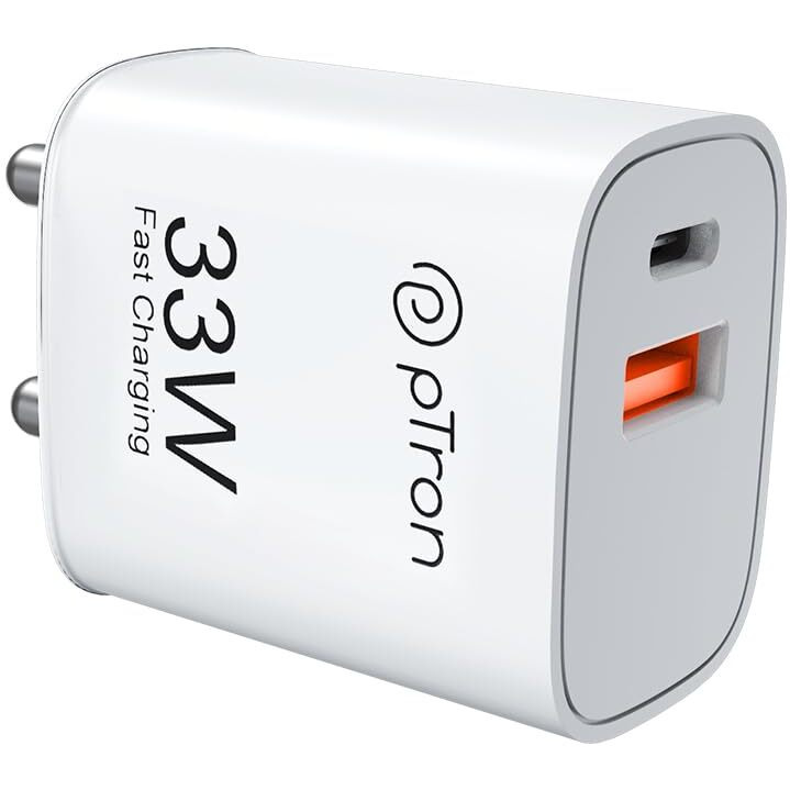 pTron 33W Dual Port Gan USB Type A Charger, Compatible with Samsung Superfast, Mi Soniccharge, Motorola Turbo Charger & MacBook Air, Volta Fc21 (White)