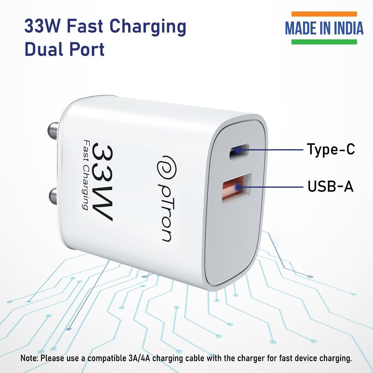 pTron 33W Dual Port Gan USB Type A Charger, Compatible with Samsung Superfast, Mi Soniccharge, Motorola Turbo Charger & MacBook Air, Volta Fc21 (White)