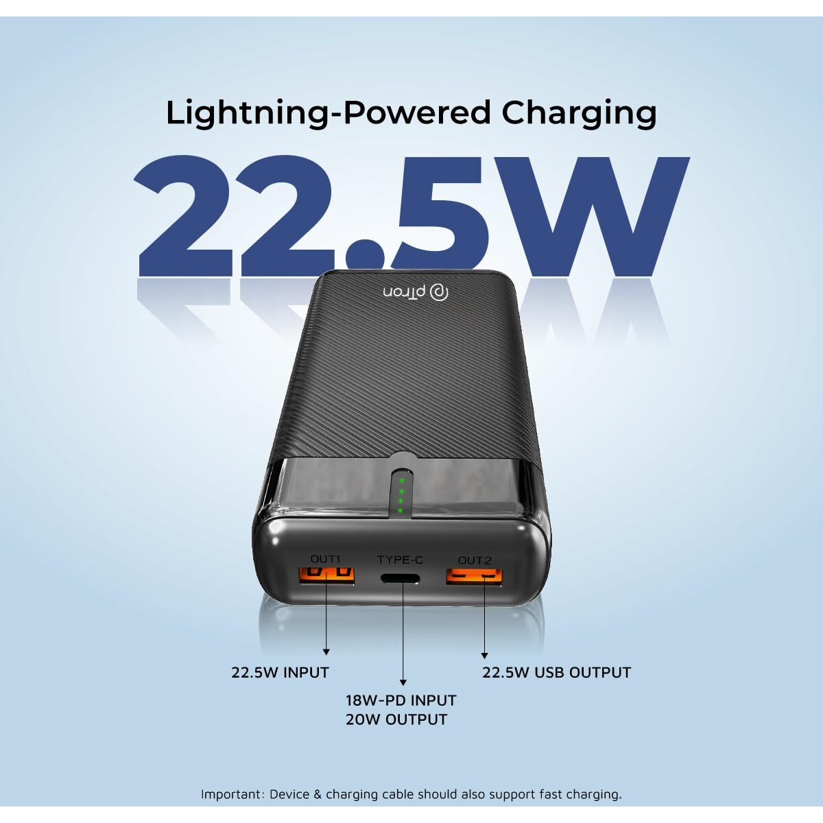 pTron Dynamo Surge 20000mAh 22.5W Fast Charging Power Bank, Supports VOOC/Wrap/Dash USB Charging, 20W PD Fast Charging, 3 Outputs, 1 Input & Multiple Layers of Protection (Black)