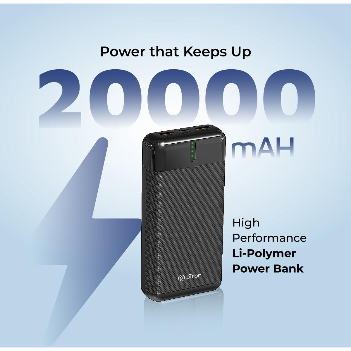 pTron Dynamo Surge 20000mAh 22.5W Fast Charging Power Bank, Supports VOOC/Wrap/Dash USB Charging, 20W PD Fast Charging, 3 Outputs, 1 Input & Multiple Layers of Protection (Black)