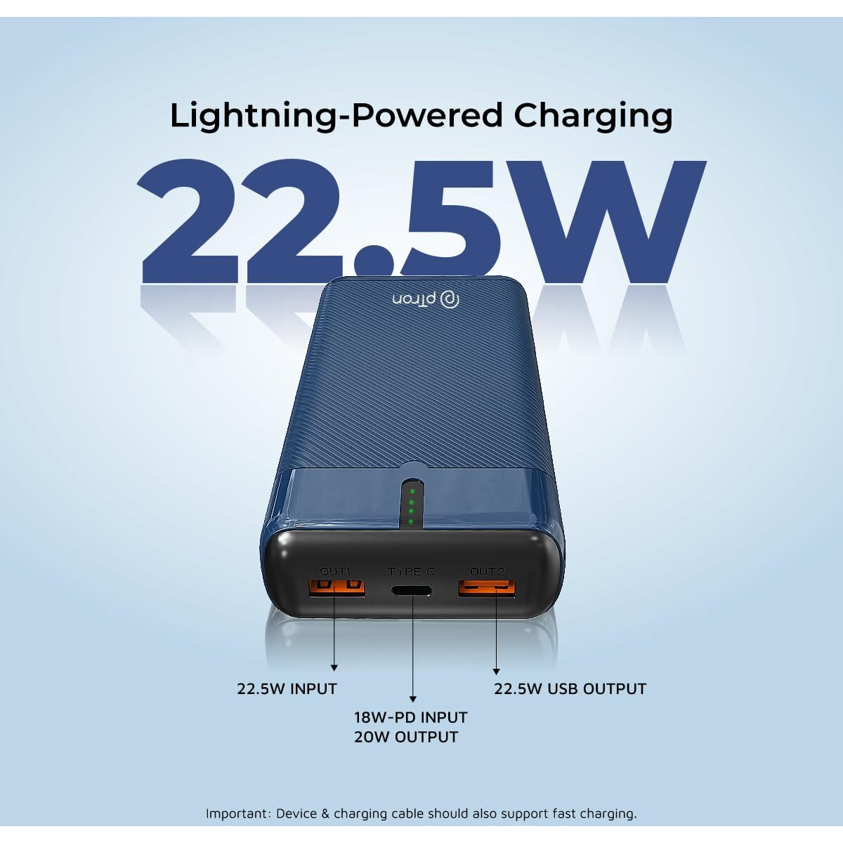 pTron Dynamo Surge 20000mAh 22.5W Fast Charging Power Bank, Supports VOOC/Wrap/Dash USB Charging, 20W PD Fast Charging, 3 Outputs, 1 Input & Multiple Layers of Protection (Blue)