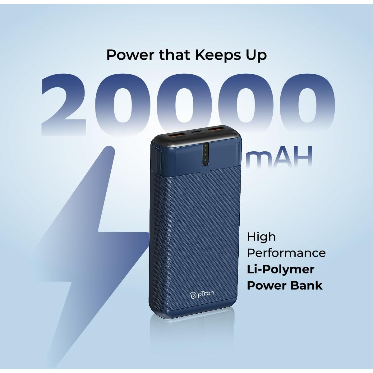 pTron Dynamo Surge 20000mAh 22.5W Fast Charging Power Bank, Supports VOOC/Wrap/Dash USB Charging, 20W PD Fast Charging, 3 Outputs, 1 Input & Multiple Layers of Protection (Blue)