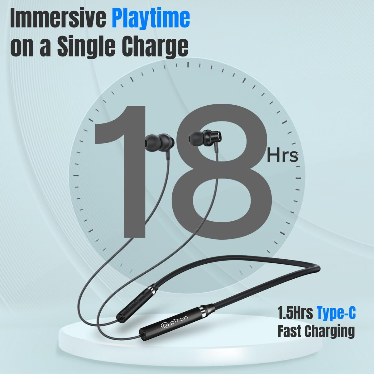 pTron InTunes Magic in-Ear Bluetooth 5.0 Wireless Headphones with Deep Bass, 18H Playtime, Clear Calls, Dual Device Pairing Wireless Neckband, Fast Type-C Charge, Voice Assistant & IPX4 (Jet Black)