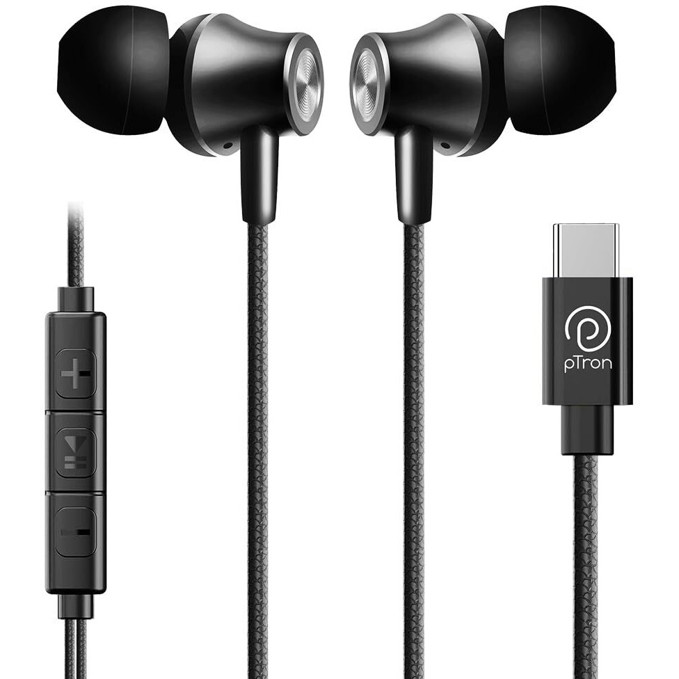 pTron Boom Play in-Ear Type C Wired Headphones with Mic, 10mm Drivers for Immersive Audio, 1.2m Fish Scale Style Tangle-Free Cable, in-line Controls, Metal Buds, Snug-fit & Wide Compatibility (Black)