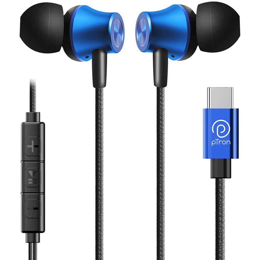 pTron Boom Play in-Ear Type C Wired Headphones with Mic, 10mm Drivers for Immersive Audio, 1.2m Fish Scale Style Tangle-Free Cable, in-line Controls, Metal Buds, Snug-fit & Wide Compatibility (Blue)