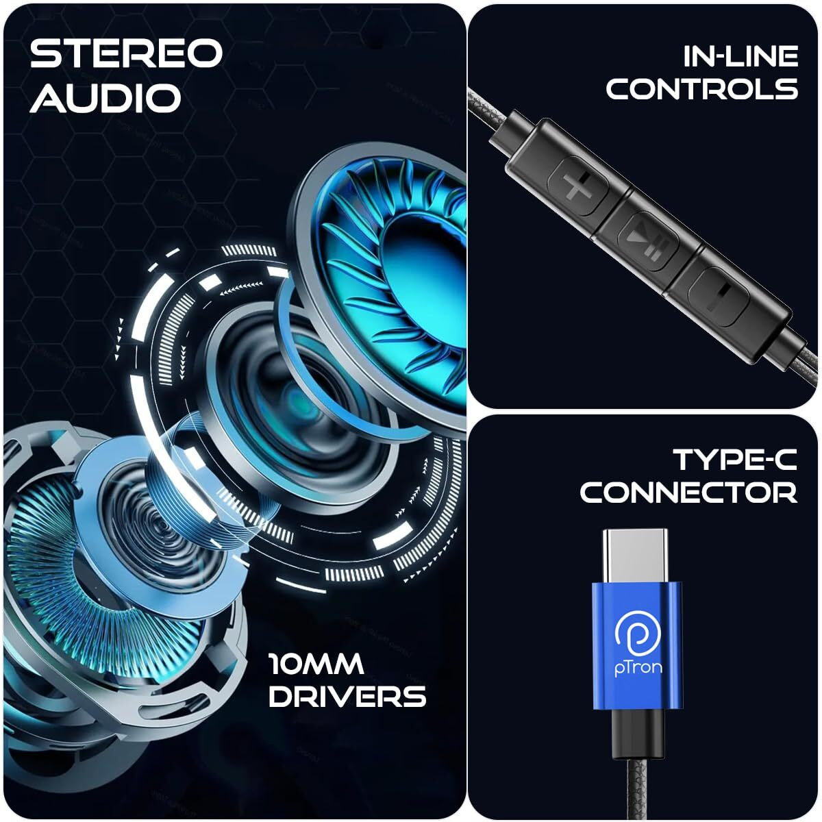 pTron Boom Play in-Ear Type C Wired Headphones with Mic, 10mm Drivers for Immersive Audio, 1.2m Fish Scale Style Tangle-Free Cable, in-line Controls, Metal Buds, Snug-fit & Wide Compatibility (Blue)