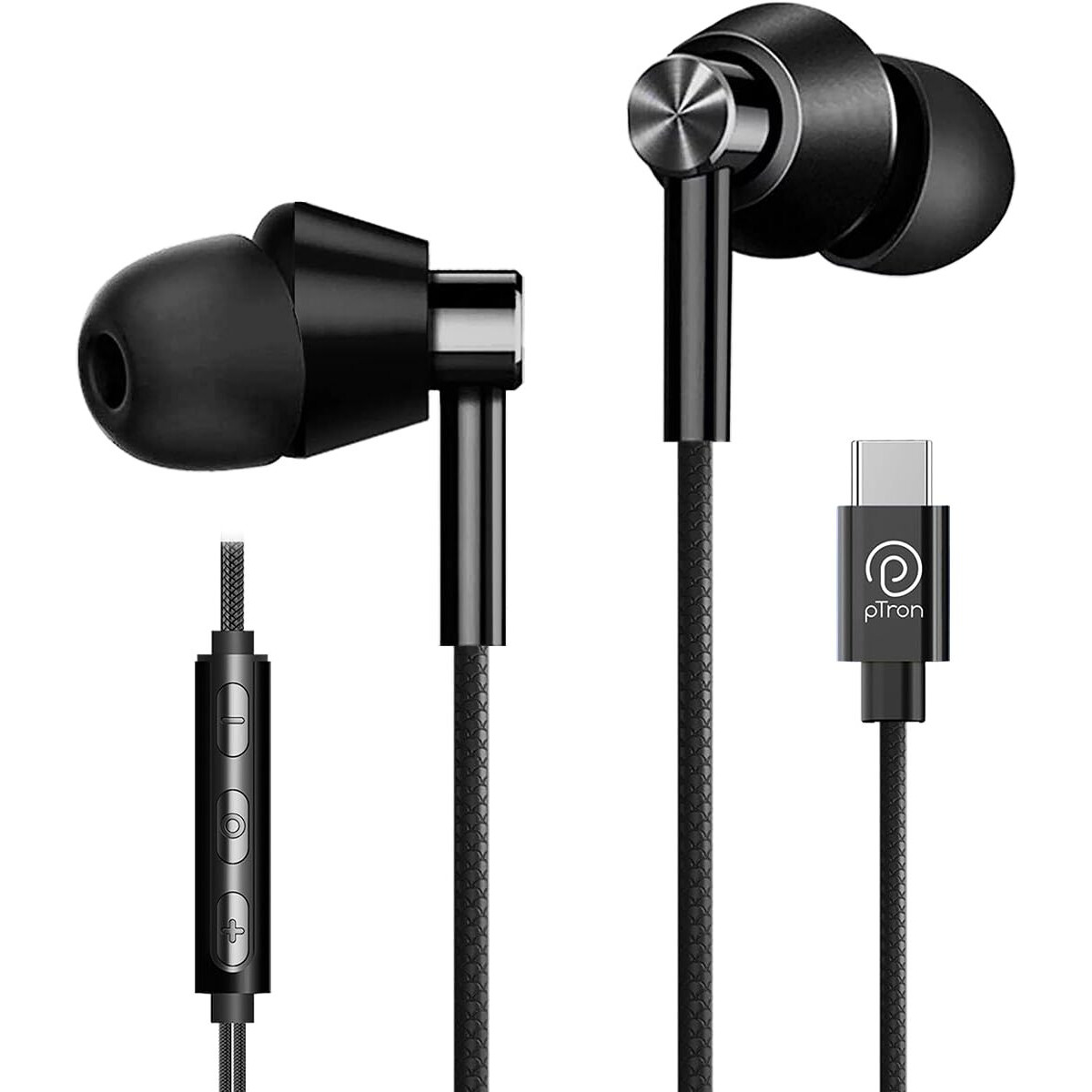 pTron Boom Play X1 In-Ear Type C Wired Headphones with Mic, 13mm Driver for Immersive Audio, 1.2m Fish Scale Style Tangle-free Cable, In-line Control, Metal Buds, Snug-fit & Wide Compatibility (Black)