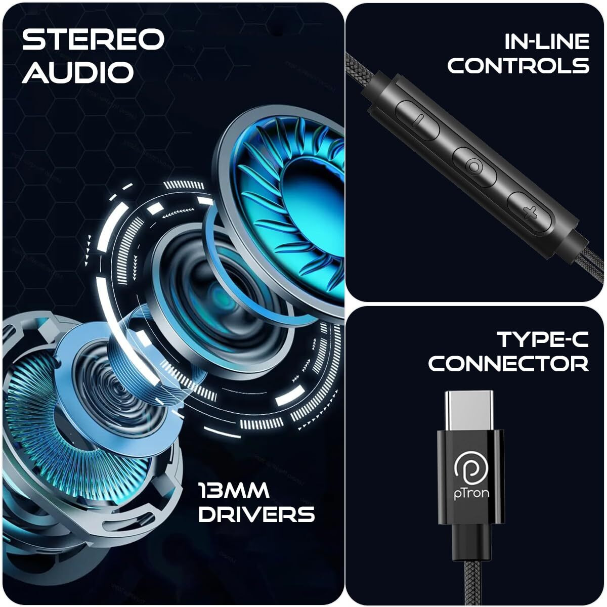 pTron Boom Play X1 In-Ear Type C Wired Headphones with Mic, 13mm Driver for Immersive Audio, 1.2m Fish Scale Style Tangle-free Cable, In-line Control, Metal Buds, Snug-fit & Wide Compatibility (Black)