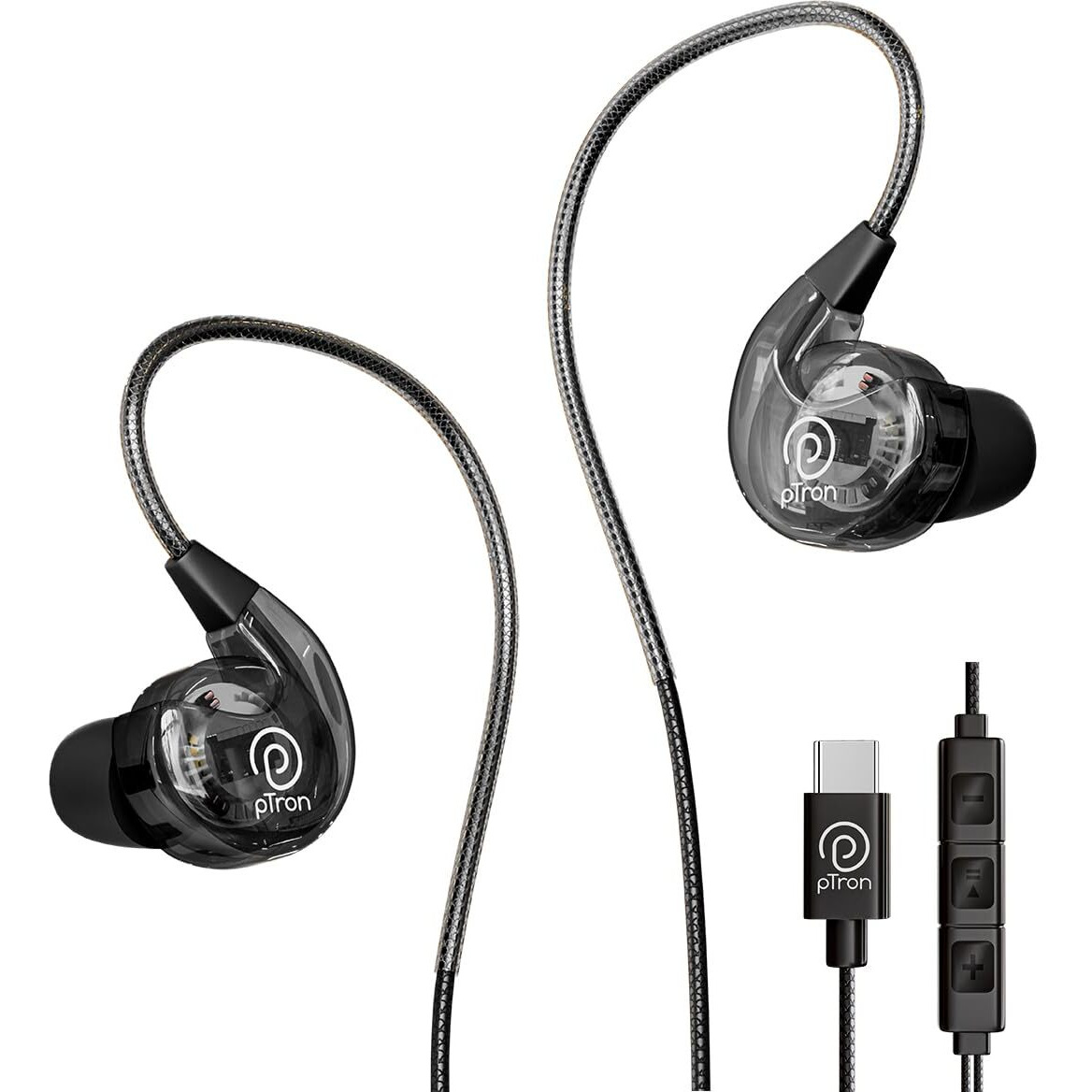 pTron Boom Play X2 in-Ear Type C Wired Headphones with Mic, IEM Ear-Hook Design, 13mm Drivers for Immersive Audio, 1.2m Fish Scale Style Tangle-Free Cable, in-line Controls & Wide Compatibility(Black)