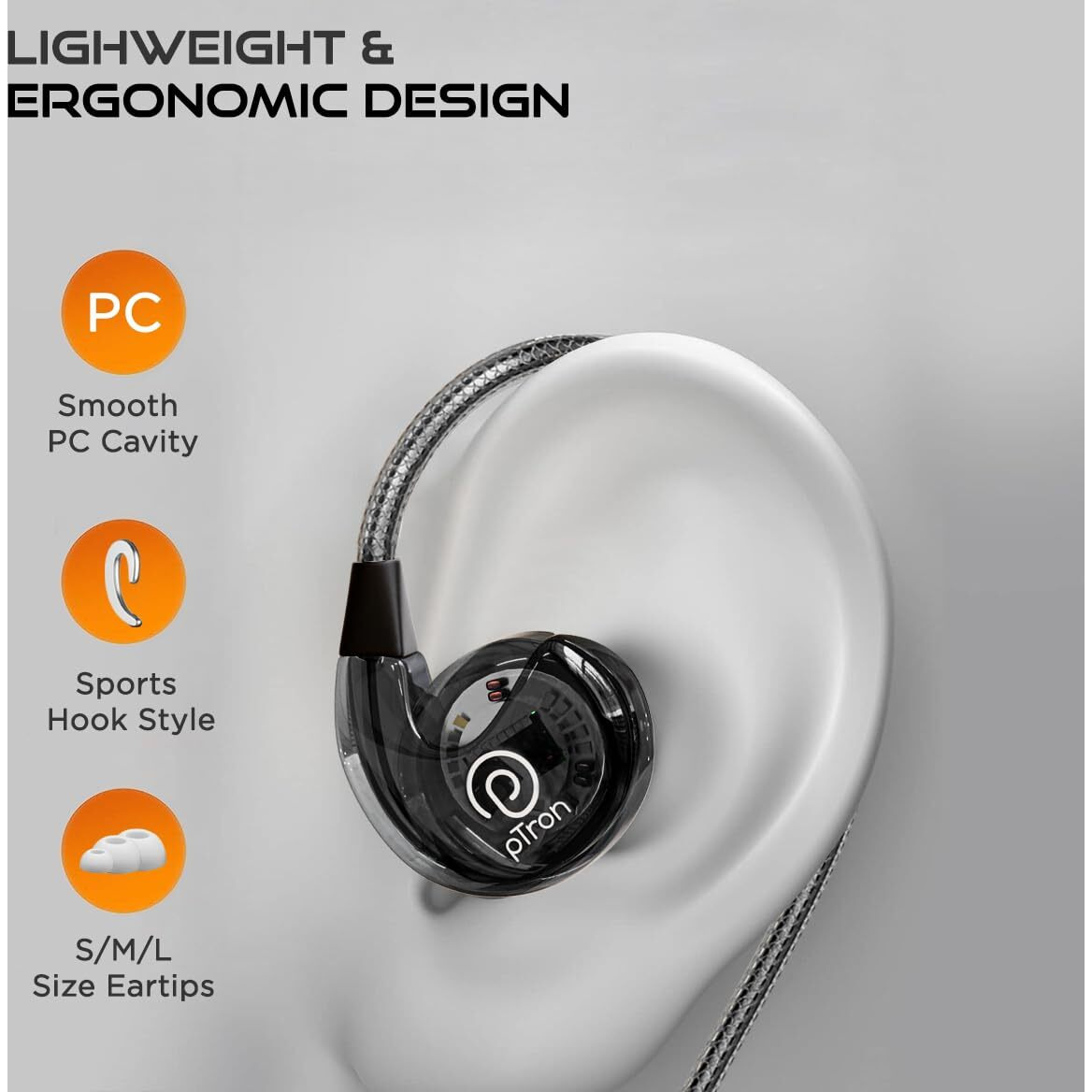 pTron Boom Play X2 in-Ear Type C Wired Headphones with Mic, IEM Ear-Hook Design, 13mm Drivers for Immersive Audio, 1.2m Fish Scale Style Tangle-Free Cable, in-line Controls & Wide Compatibility(Black)