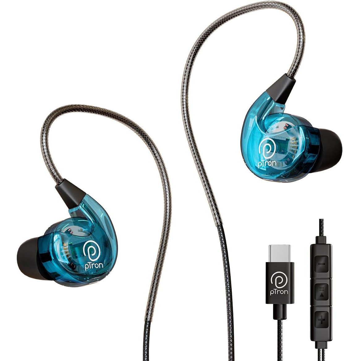 pTron Boom Play X2 in-Ear Type C Wired Headphones with Mic, Ear-Hook Design, 13mm Drivers for Immersive Audio, 1.2m Fish Scale Style Tangle-Free Cable, in-line Controls & Wide Compatibility (Blue)