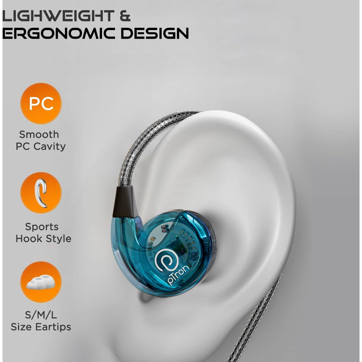 pTron Boom Play X2 in-Ear Type C Wired Headphones with Mic, Ear-Hook Design, 13mm Drivers for Immersive Audio, 1.2m Fish Scale Style Tangle-Free Cable, in-line Controls & Wide Compatibility (Blue)