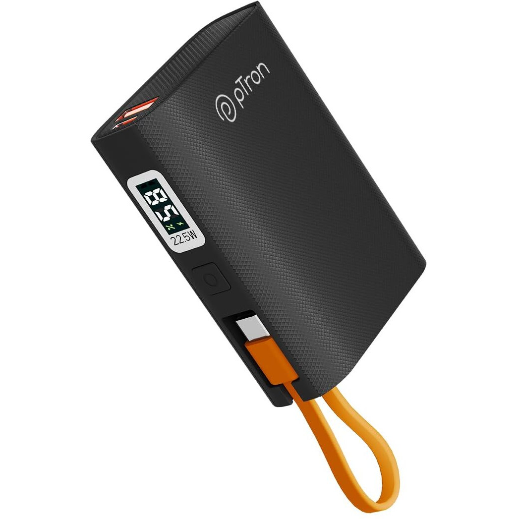 pTron Dynamo Rush 10000mAh 22.5W Nano Power Bank, Compact Size Fast Charging, Supports VOOC/Wrap/Dash USB Charging, 20W PD Fast Charging, Built-in Type C Cable, 2 Output Ports & BIS Certified (Black)